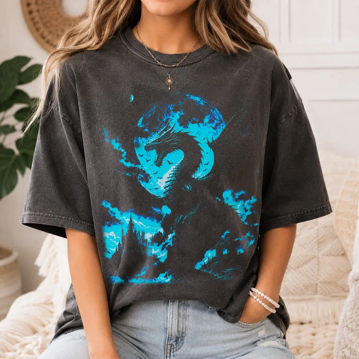 Comfort Colors Blue Moon Castle Wyrm Silhouette Women Vintage Shirts Renaissance Fair, Mythical Dark Fantasy Nighttime Short Sleeve Reader Present