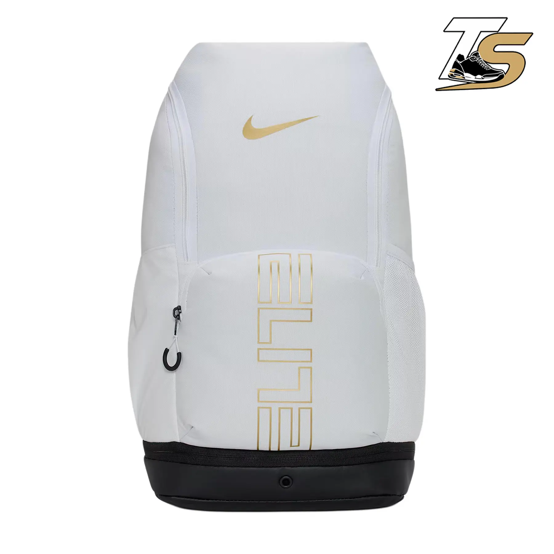 Nike Varsity Elite Backpack 32L （Code：HM9965-100） White/Black/Metallic Gold Unisex Basketball Gym Bag with Laptop Sleeve, Travel Sports Backpack for Everyday Use