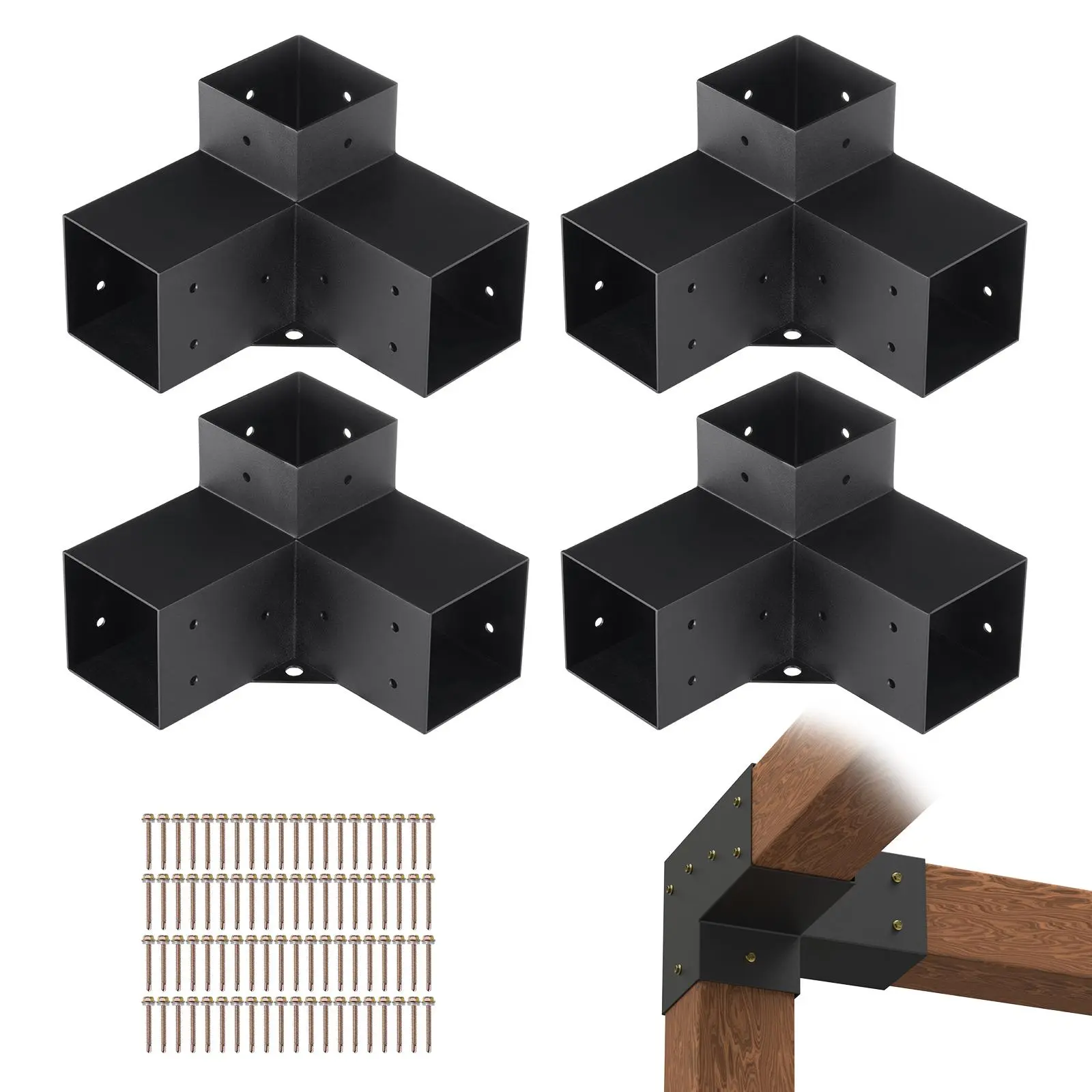 【summerfinds】VEVOR 4pcs 4x4in 3-Way Heavy-Duty Carbon Steel Metal Bracket Kit with 80 Drill Tail Screws, Sturdy Pergola Brackets for Gazebos, Easy Installation on Wooden Beams & Outdoor Hardware, Sturdy Bracket