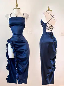 Elegant Sexy Bridesmaid Dress Deep Blue Color, Spaghetti Strap High Slit Ruffle Edge Design, Perfect for Weddings and Special Occasions, Formal