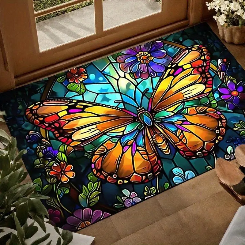 Stained Glass 2D Flat Pattern Vibrant Print Welcome Mat - Non-Slip, Water-Absorbent, Doorway Decor, Ideal for Bathrooms, Home & Garden Supplies, Bathroom Mats