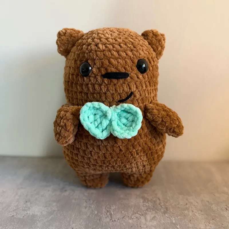 Handmade Chenille Yarn Crochet Chubby Grizzly Bear Plushie Gift Crochet Plushie