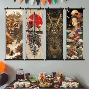 Japanese Style Hanging Wall Art Poster, 4 Counts/set Vertical Scroll Painting Banner, Wall Art Decor for Home Living Room Bedroom, Modern Art Design