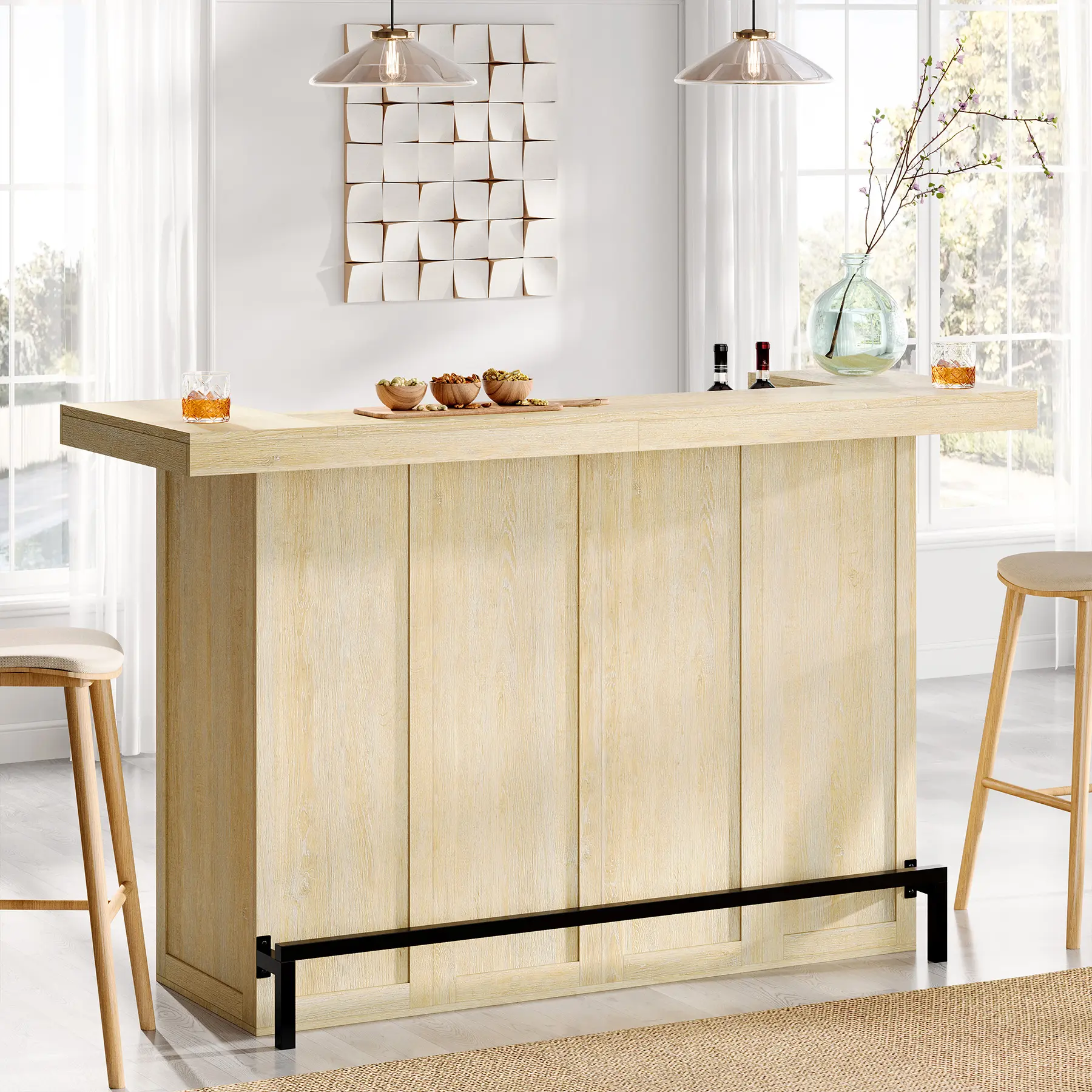 LITTLE TREE 4-Tier Bar Table, 70.9-Inch Large Modern Home Bar Cabinet with Wine Glass Holder and Black Footrest, Liquor Cabinet with Storage Shelves for Kitchen, Dining Room, Living Room, Pub