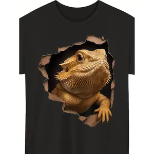 Mens Cool Bearded Dragon Peeking Graphic Cotton T-shirt Funny Reptile Lover Print Crew Neck Short Sleeve Soft Comfortable 220G All Season Casual Daily Wear Unique Halloween Gift for Reptile Enthusiasts Multiple Sizes