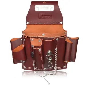 Trutuch Maroon Leather Electrician Tool Pouch with 3.50 mm Leather Thickness, T-Chain Tape Clip, Front & Side Pockets for Pliers, Pencils, & Tools