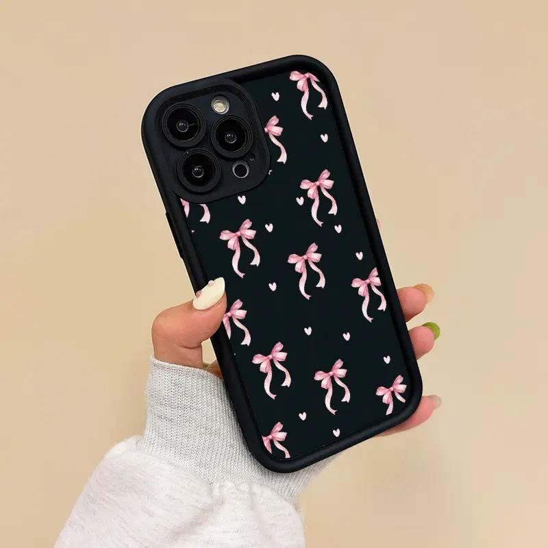 Durable Shockproof Silicone Smartphone Case with Pink Bow & Heart Pattern - Casing Cover for iPhone 11-17, Pro, Max, XS, X, Mini, AIR, E, Plus - Fashionable Ideal Gift for Loved Ones