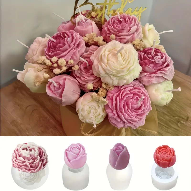 4-piece resin mold set, flower bouquet mold - DIY resin, candle&soap mold, Soap Molds Silicone, Candle soap making for peonies, roses, tulips&rosebuds, suitable for home decoration, wedding crafts&holiday gifts (Valentine's Day, Mother's Day, Christmas)