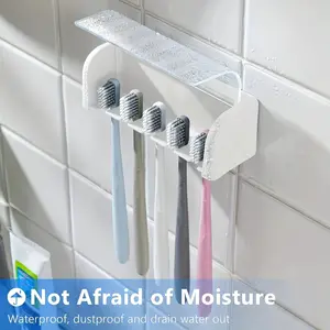 Self-Adhesive Wall-Mounted Toothbrush Holder, 5-Slot Plastic Bathroom Organizer, Toothbrush Storage, Fits Dorms & Showers, Holds 5 Toothbrushes, No Power Needed
