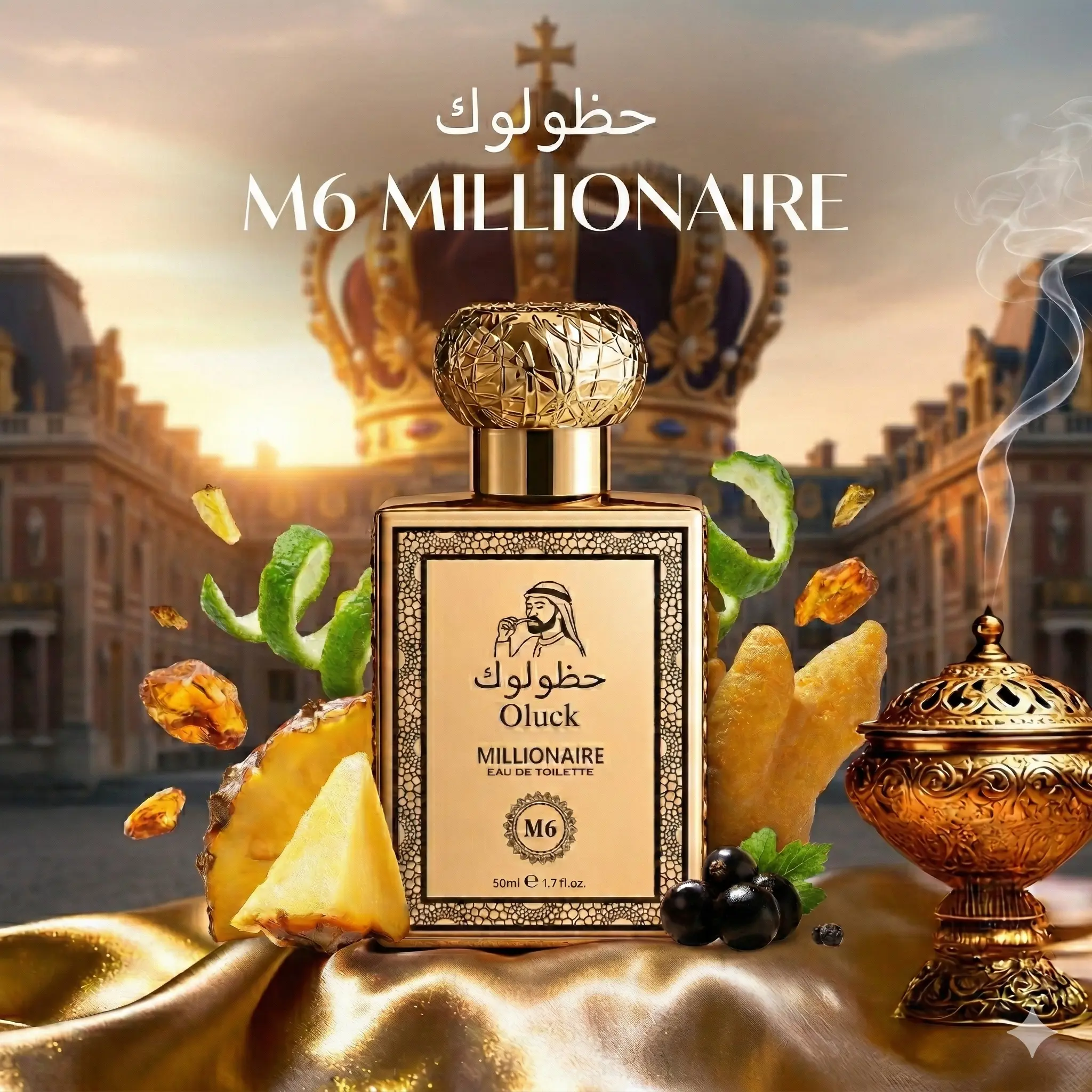 Oluck M6 Millionaire Men's Fragrance - 50ml Citrus Woody Scent for Male Wear, Bergamot & Leather Notes, Bold Middle Eastern Aroma, Vegan Safe Single Item, Fruity
