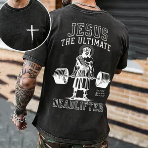 Jesus The Ultimate Deadlifter Vintage Acid Wash Tee | Christian Gym Oversized Shirt,Christian Gym Meme Jesus Deadlifter Tee | Retro Workout Faith Oversized Top,Men's T-shirt