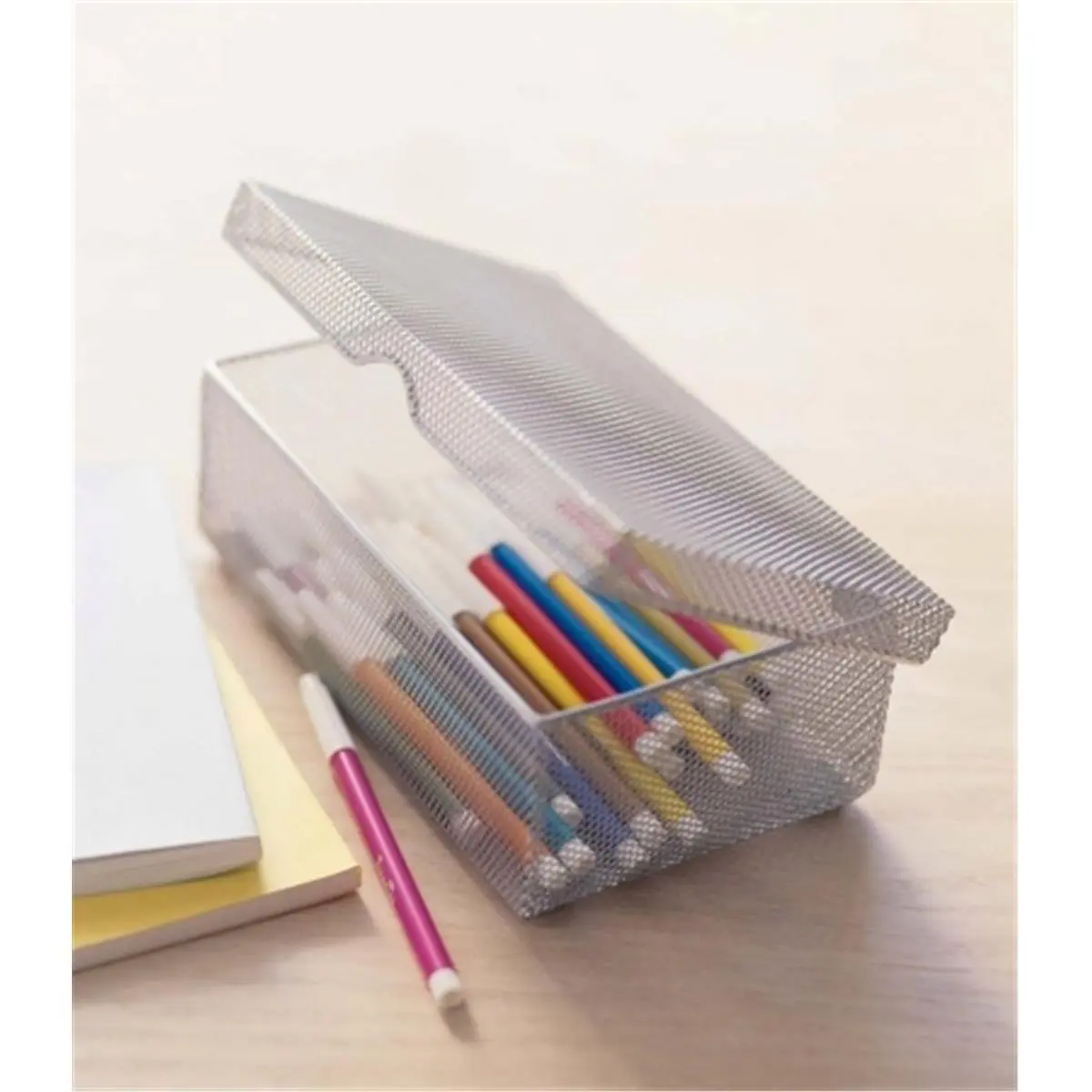 YBMHome 2307 Silver Hinged Mesh Desktop/Drawer Organizer - See-Through Window View, Dust-Defying Mesh, Finger Notch, Rubber Ft, Stationery Storage, for Home Office Users, Protects Desk & Tabletops, Metal Mesh Desk Supplies Organizers & Dispensers, Protect
