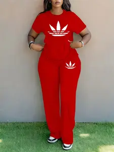 Women's Plus Size Spring Summer Fashion Lady Womenswear Print Round Neck Short Sleeve T-Shirt & Wide Leg Pants Two-Piece Set, Casual Pocket Design
