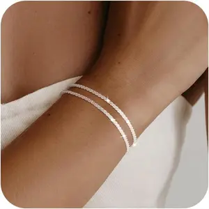 FREEKISS Bracelets For Women Layered Dainty Paperclip Cuban Link Bracelet Adjustable Herringbone Figaro Chain Bracelets Set Jewelry For Fashion