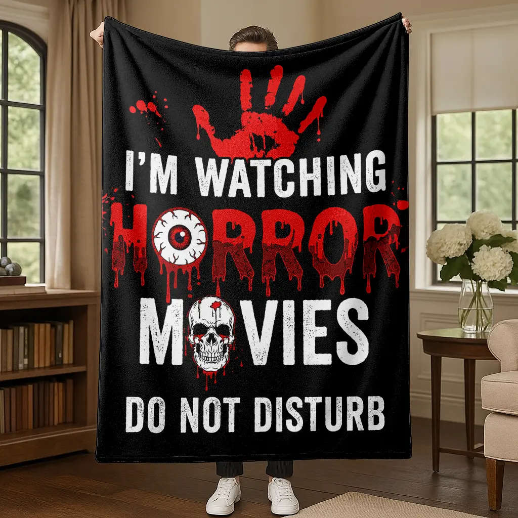 I'm Watching Horror Movies Do Not Disturb Throw Blanket, Skull Bloody Handprint Print Soft Flannel Blanket, Halloween Decor Gift For Horror Fans