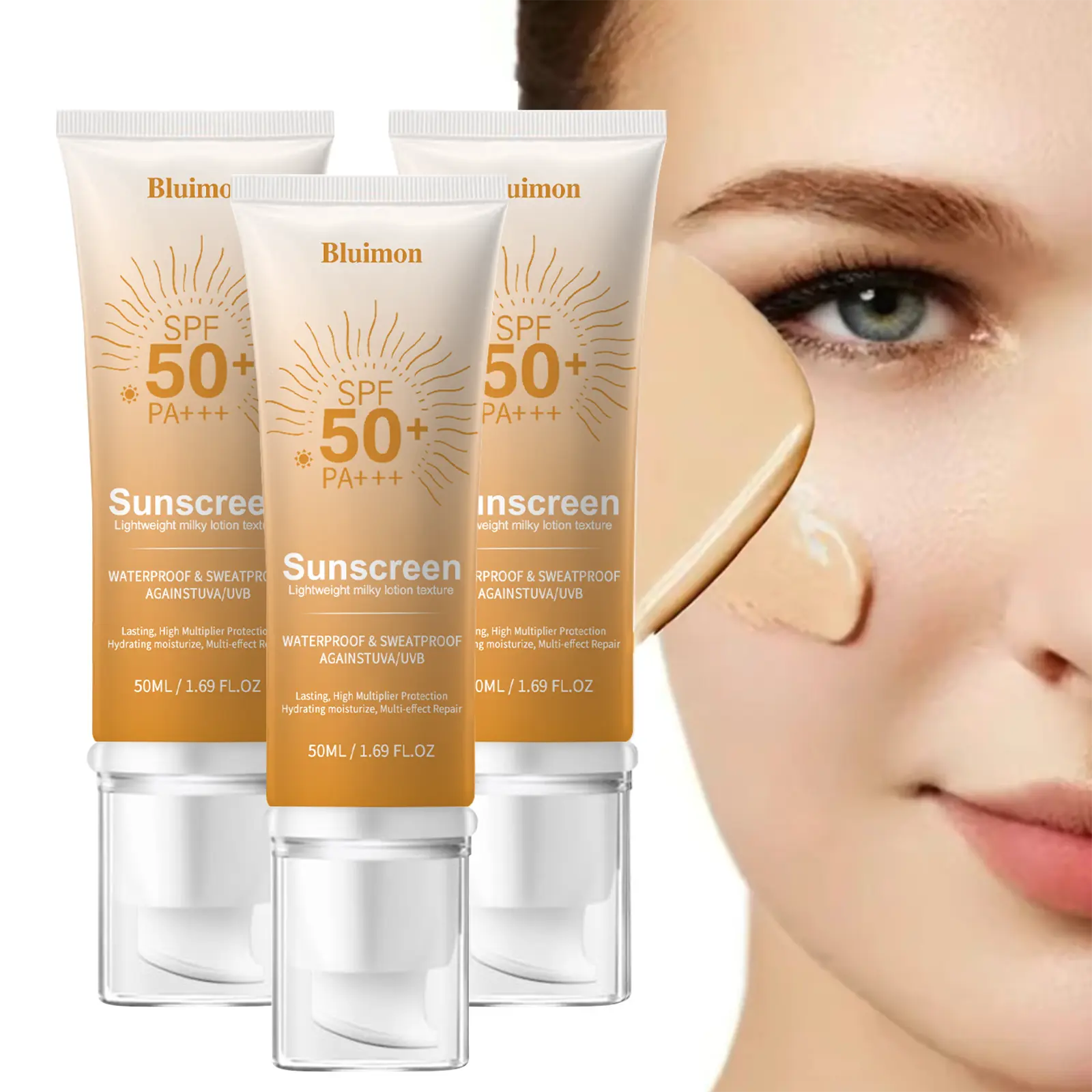 Bluimon Tinted Face Moisturizer Sunscreen SPF 50+ PA+++ 3 Pack, Hydrating Non-Greasy Formula with Water-Resistant Wear