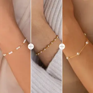 Pearl Bracelet Set by Caitlyn Minimalist - Set of 3: Beaded Pearl Charm Bracelets in Gold & Silver - Dainty Jewelry - Gift for Her
