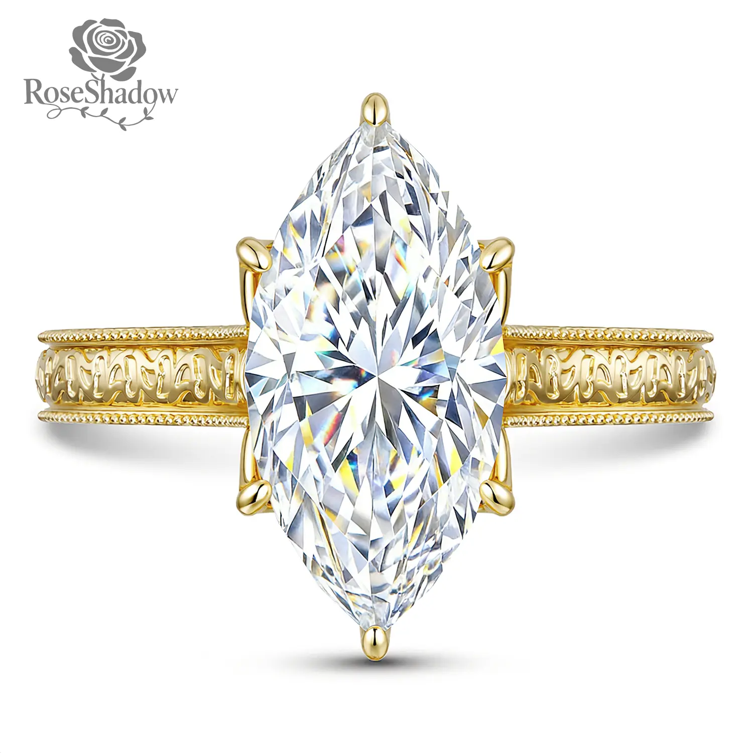 ROSESHADOW 3CT Marquise Cut Moissanite Vintage Engagement Ring for Women D Color VVS1 Clarity 14K Gold Plated 925 Sterling Silver Synthetic Moissanite Jewelry Anniversary Gift for her