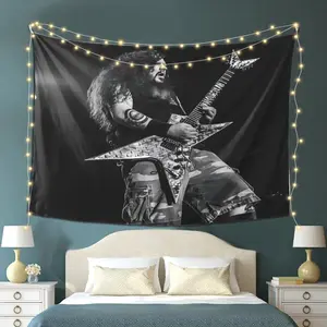 Dimebag Darrell Guitarist Tapestry - Vibrant Black & White Print with String Lights, Modern Wall Hanging for Home, Office, or Party Decor - High-Quality Peachskin Velvet, Music Room Decor Tapestry Bedroom Decoration Shabby Chic Design