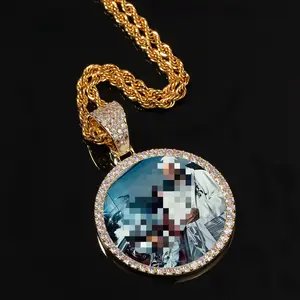 Customizable Hip Hop Photo Pendant Necklace with Circle Chains - Copper Inlaid with Zircon, Solid DIY Creative Design, Daily Wear, Anniversary Gift