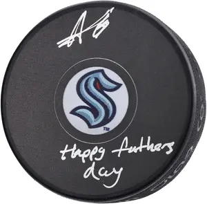 Adam Larsson Seattle Kraken Autographed Hockey Puck with "Happy Father's Day!" Inscription - NHL Auctions Exclusive - Fanatics Authentic Certified