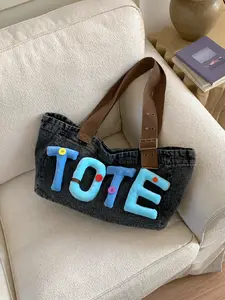 Trendy Fashion Large Capacity Letter Design Denim Tote Bag, Handheld Shoulder Strap, Suitable for Work and Daily Use