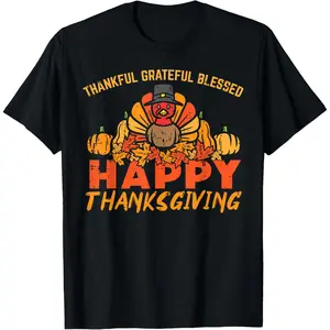 100% Cotton Thankful Grateful Blessed Happy Thanksgiving Turkey Women T-Shirt