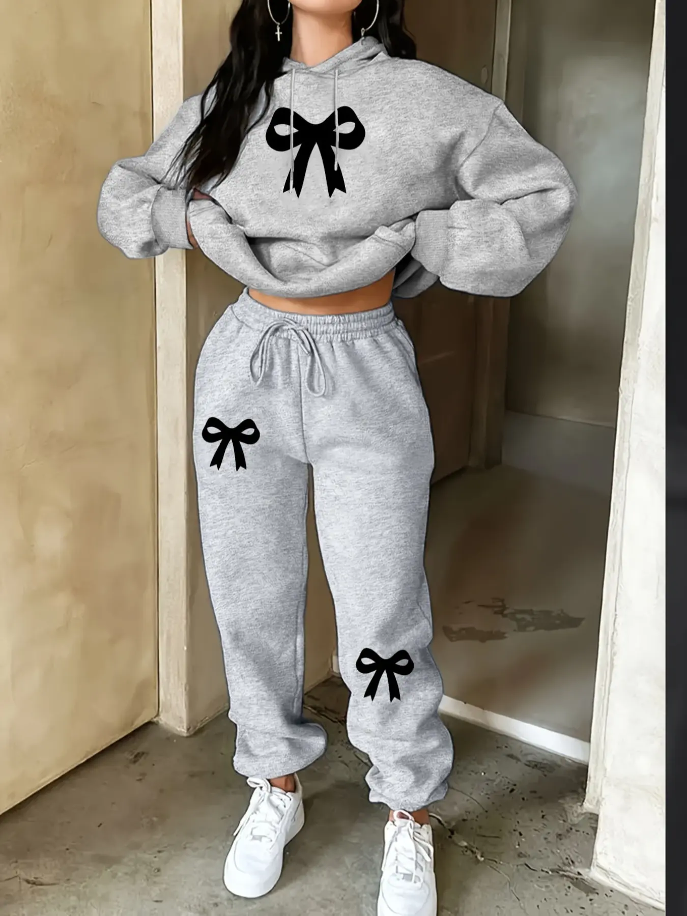 🔥Black Bow Graphic Hoodie & Joggers Matching Fitted Set | Gray Casual Streetwear Loungewear with Girly Print | Trendy Outfit for Y2K Fans & Comfort Seekers | Cozy & Stylish Womenswear