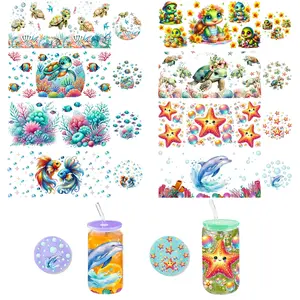 3 Sheets marine animals UV DTF Cup Wraps - 3 Sets Decals for 16oz Glass Cups, Includes Lid Stickers Top/Bottom, 12.32x4.33 Inch DIY Transfer Stickers, Decorative Stickers, Gift Decor for Coffee Mugs & Tumblers, Sticker Packs, Decoration Sticker