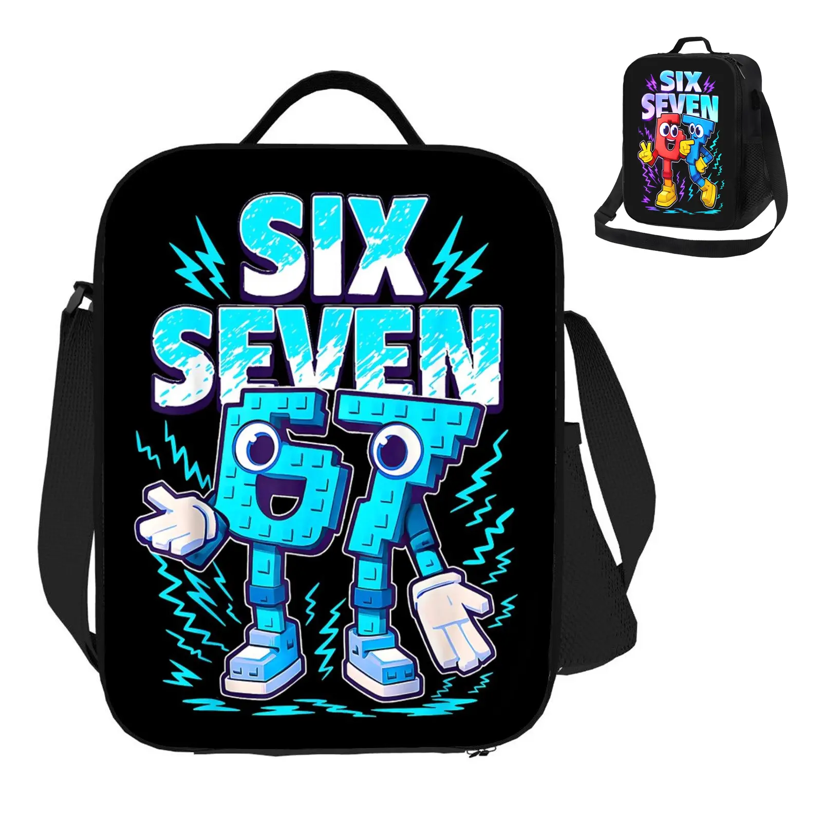 Funny Blue Black Color Block "67" Number Robot Lightning Pattern Lunch Box Bag Meme Insulated Thermal Bag Suitable for Home Restaurant Office Outdoor Picnic Unisex Portable Reusable
