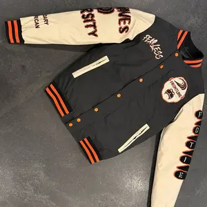Frontline Letterman Jacket - Black with Orange Stripes, Logo, and Lettering, Classic Design for Men's Coats - Menswear