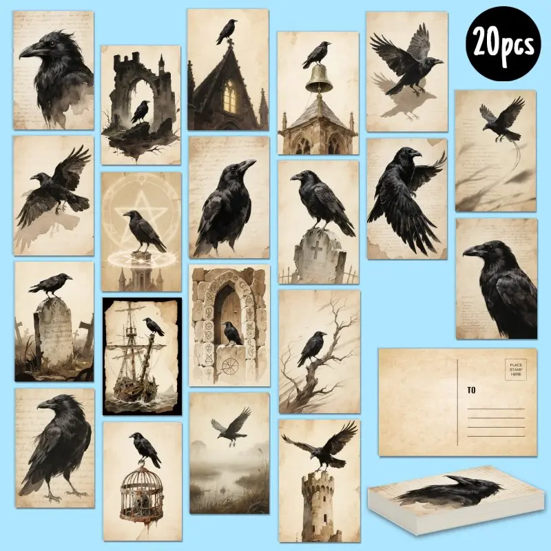 20pcs vintage crow & raven All Occasion Postcards, Unique Gothic Darkness Everyday Gift for Family & Friends, Congratulate, Birthday Thank You, think of you