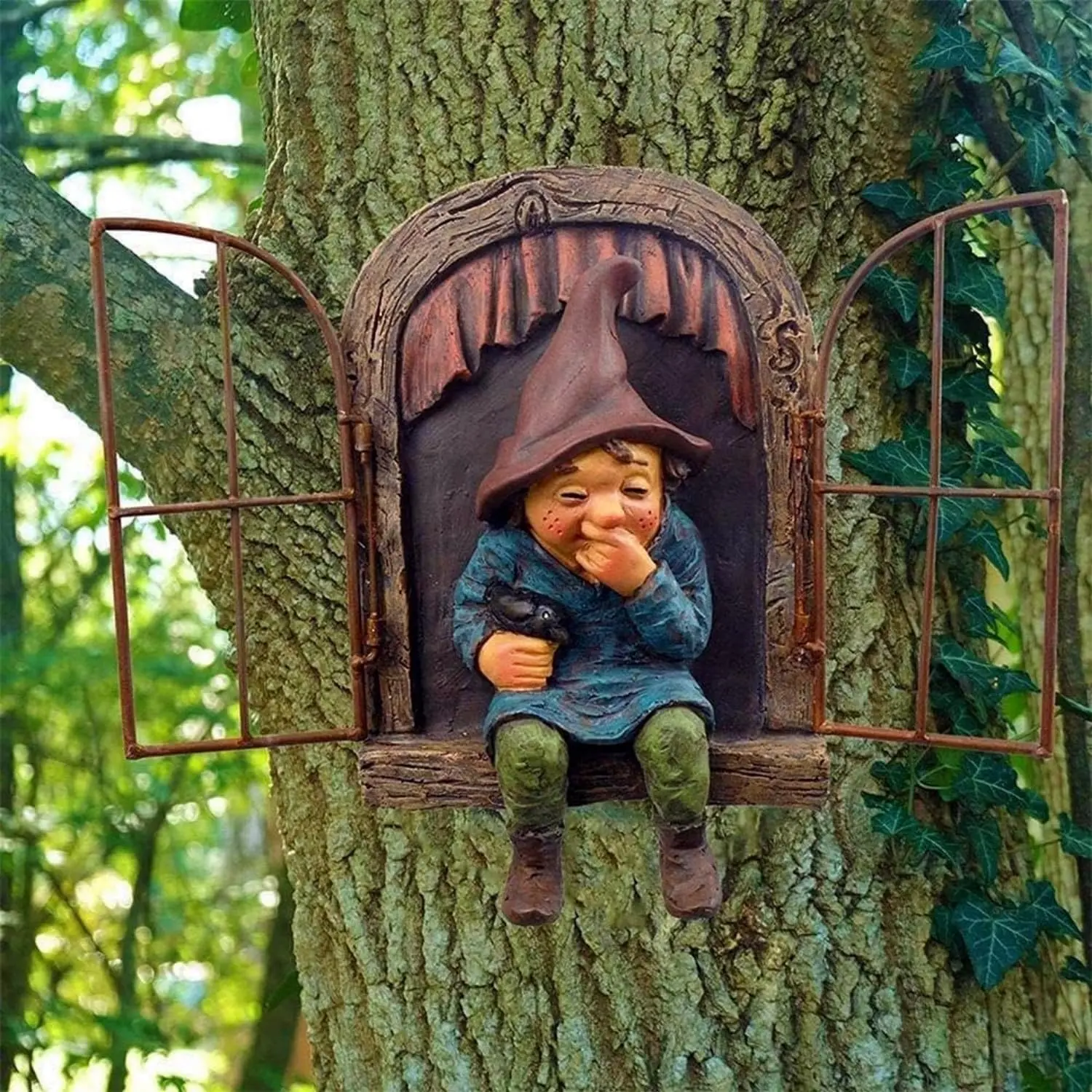 7.1-inch  Out The Door Tree Hugger,Fairy Garden  Statue, Hanging   Figurine,Whimsical Tree Sculpture,Garden Peeker Statue,Ideal Patio Yard Lawn Porch Decoration