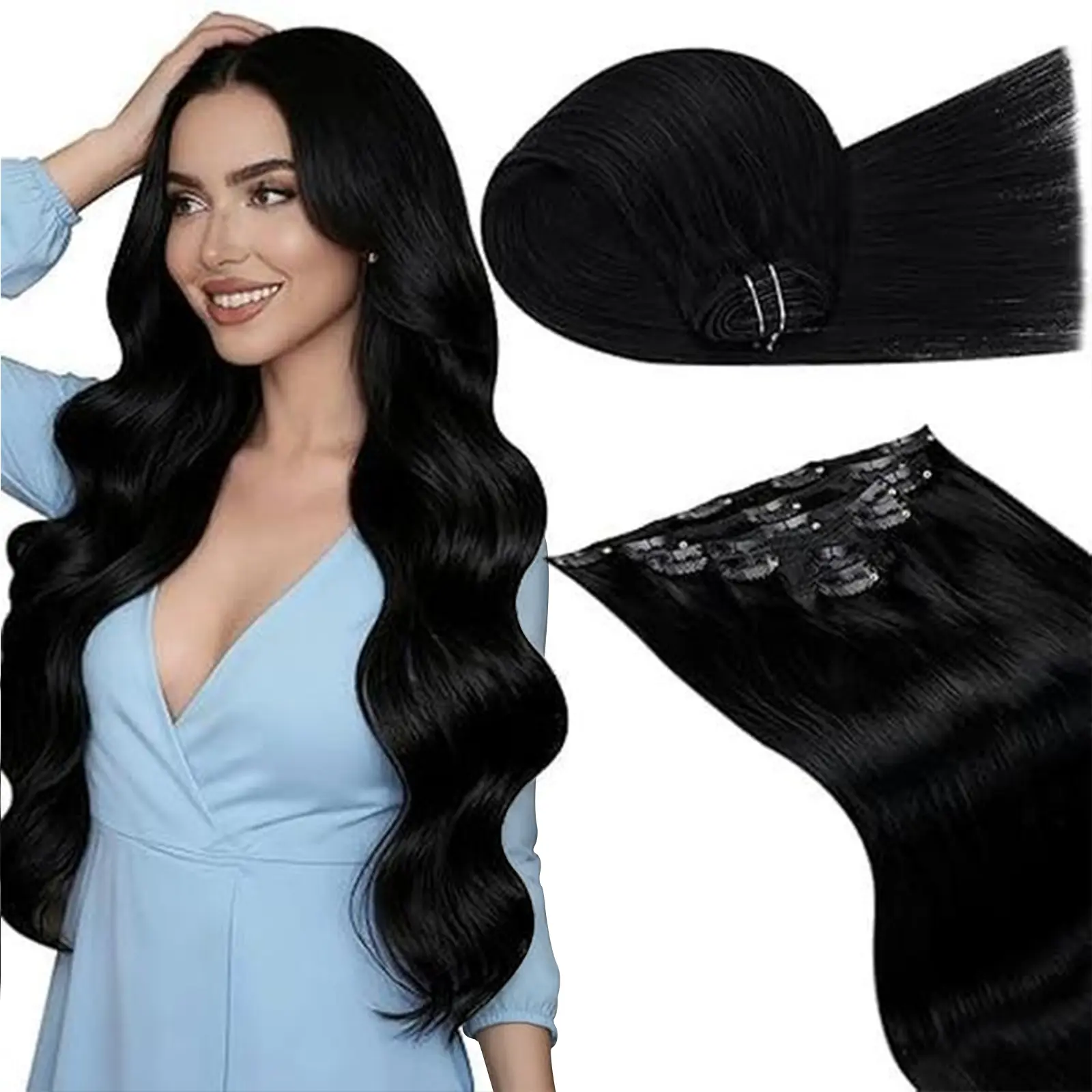 LaaVoo Clip-in Human Hair Extensions - Women's 7-Piece Double Weft Hair Pieces with Laavoo Wire, Natural Solutions for Long Thick Full Head Looks, Natural Hair Extensions