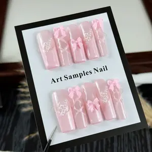 10pcs high-end Pink girl style, hand-painted three-dimensional bow, shiny small pearls handmade fake nails, Nail stickers suitable for princesses to wear at important banquets, birthday parties and Valentine's Day events, Nail Art Design