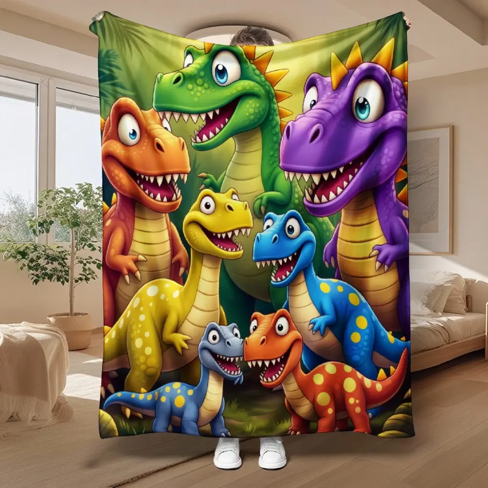 Cartoon Dinosaur Family Print Flannel Blanket - Soft, Cozy, Colorful T-Rex Themed Plush Throw, Ideal Birthday Christmas Gift for Dinosaur-Loving Toddlers, Nursery Bedroom Sofa Decor,back to school,back to school shopping,home decor
