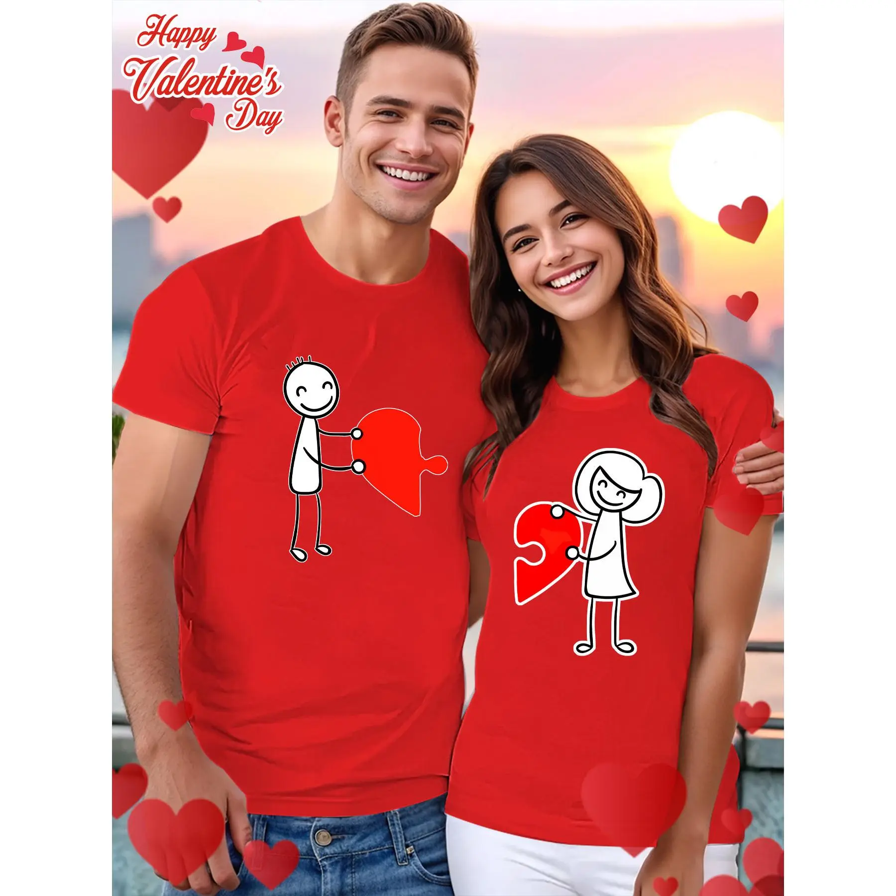 Women's Chic Couple's Matching Cartoon Heart Puzzle Print Loose Basic Comfy Shortsleeve Sports T-Shirts, Round Neck, Breathable Solid Undershirt, Spring-Summer Sports Tops