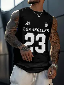 Men's street casual summer round-neck sleeveless vest T-shirt, featuring digital and basketball graphic prints, Streetwear, Menswear, Classic, perfect for sports and fitness enthusiasts, Ideal for back-to-school season, hip-hop