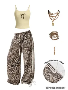 Women's Summer Casual Style Set, Womenswear, Slim Fit Tank Top + Loose Leopard Pants, Soft Comfortable, Home Essential, All Seasons, Butterfly Knot Print
