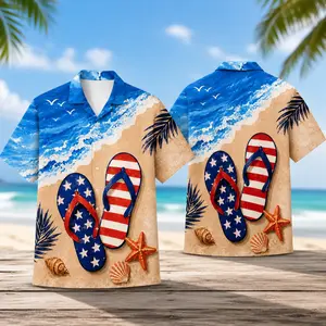 American Flag Beach Hawaiian Adult and Youth Shirt, Patriotic Flip Flop Print, Family Matching Summer Outfit, USA Vacation Button Up, Tropical Holiday Aloha Top, Fourth of July Gift, Men Women Kids Apparel, Coastal Style Clothing