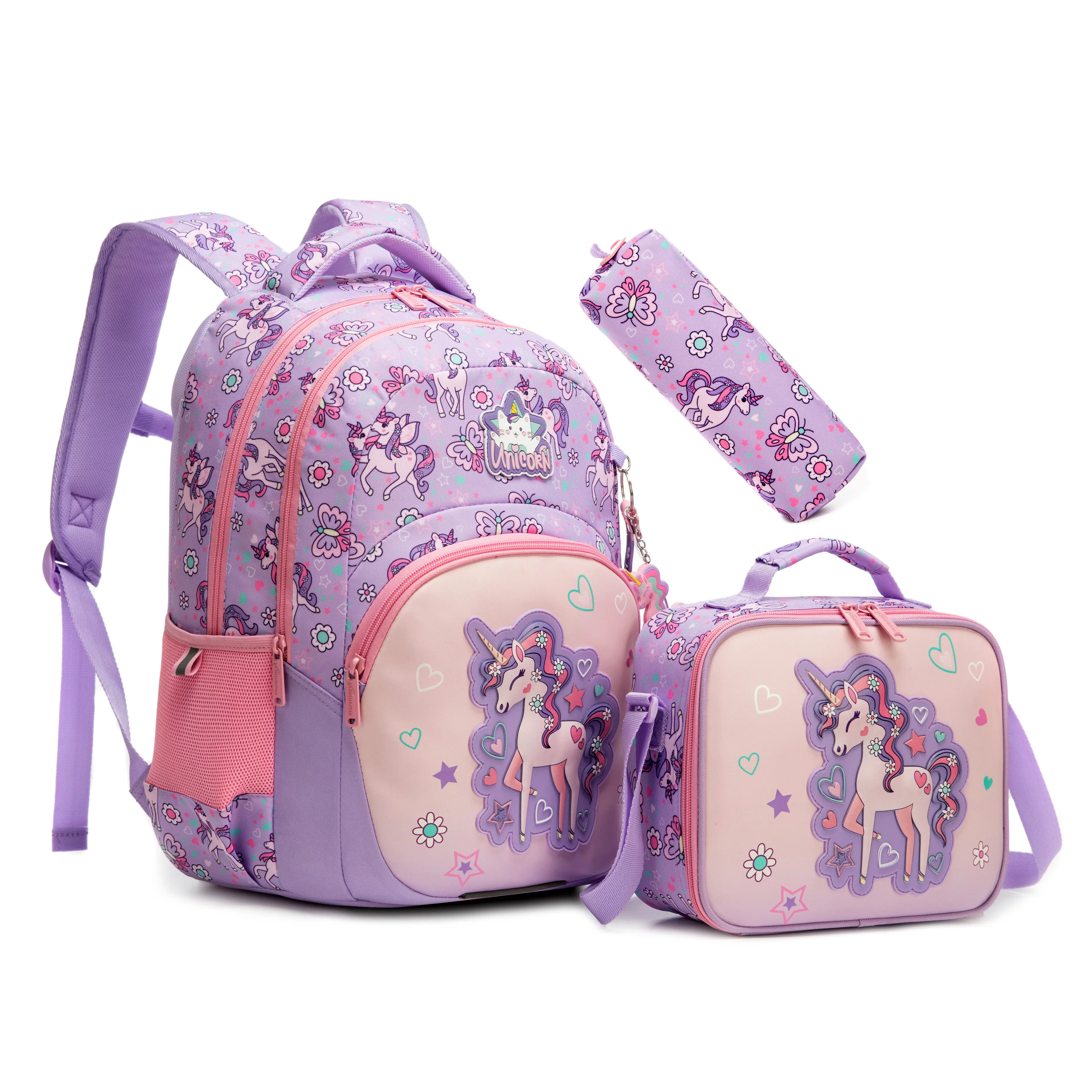 Girls' Purple Unicorn 3-Piece Backpack Set, Back to School Nylon Graphic Bag with Zipper, Magical Floral Butterfly Design, Lunch Box & Pencil Case for Lavender Preschool-Elementary Kids 2026