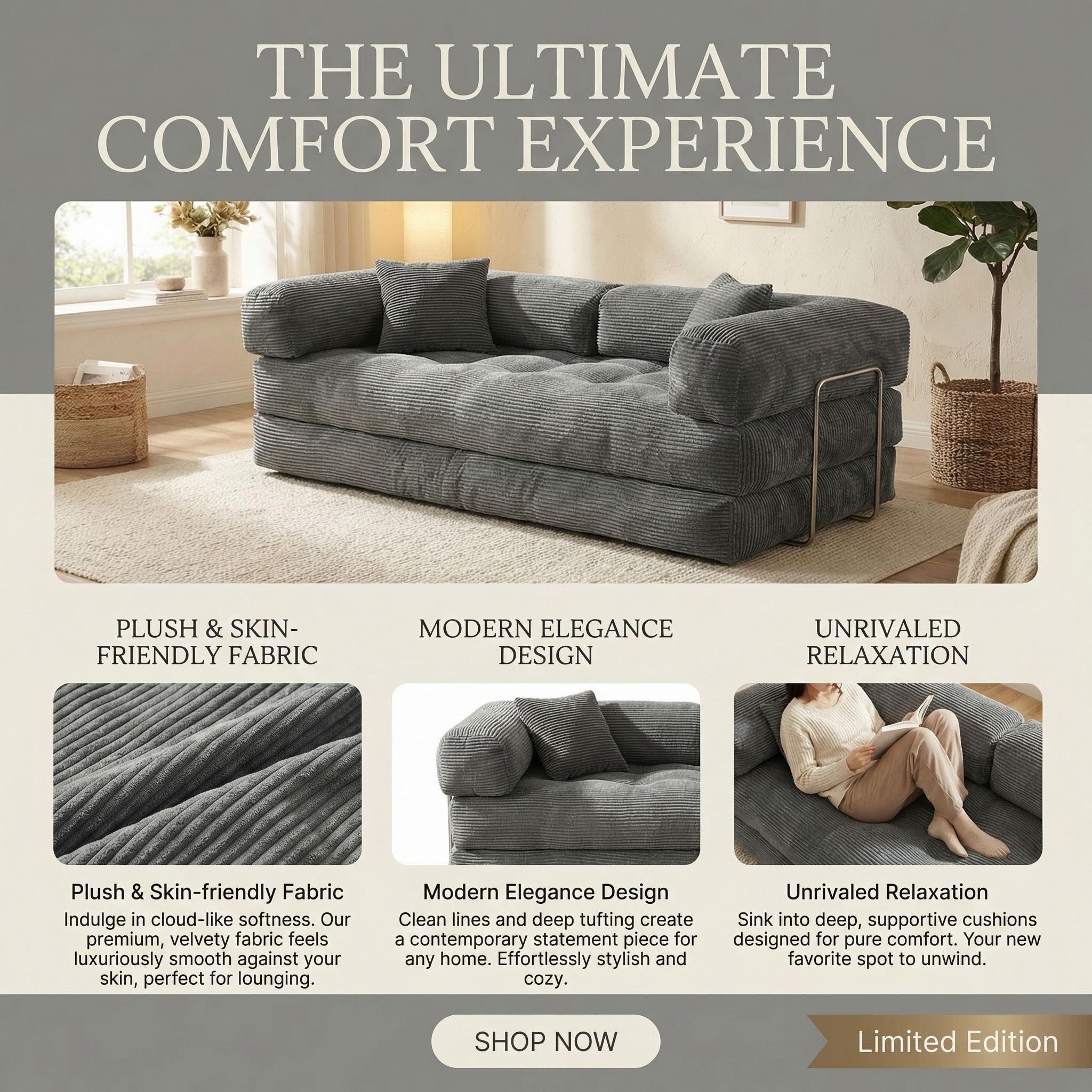 80''foldable boneless indoor sofa - Unassembled leisure furniture with a soft and stress-relieving design, suitable for outdoor and bedroom use.