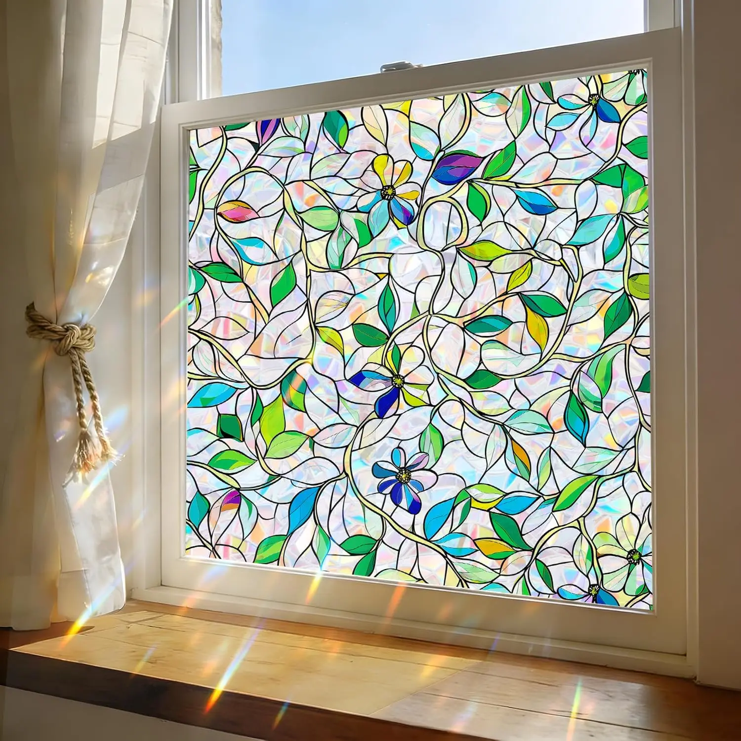 Stained Glass Window Film, Rainbow Privacy, One Way Decorative Tint, Static Cling, Renter Friendly for Home Bathroom Door