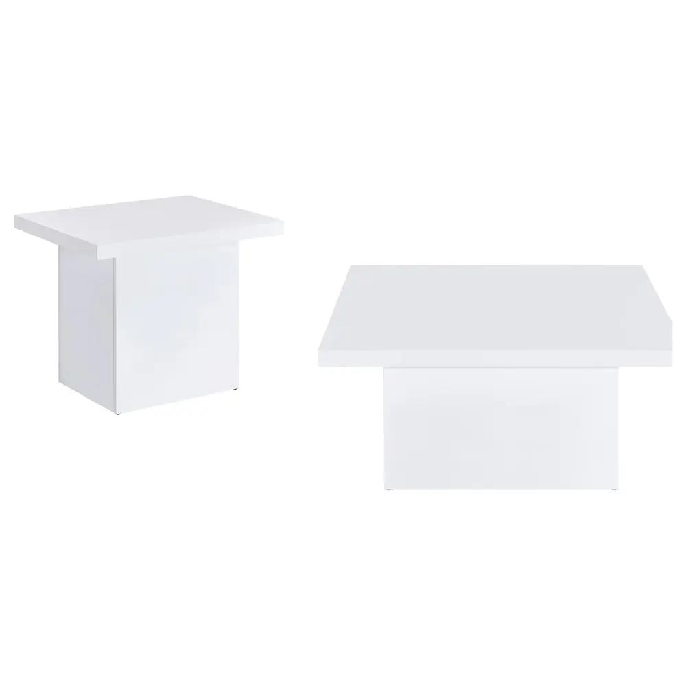 Devar 2-Piece Square Pedestal Coffee Tables Set, White High Gloss Engineered Wood, Clean Aesthetic, Minimal Chic Glam Indoor Furniture, Matching Plinth Base, Radiant and Refined Modern Tables