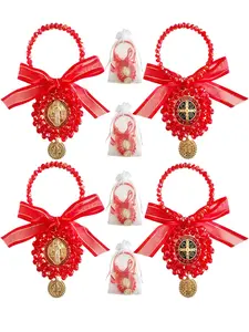 Saint Benedict Medal Door Hanger Pocket Rosary, 4pcs with Organza Bags, Catholic Gifts, Car Hanging Charm, Home Door Hanger Decor