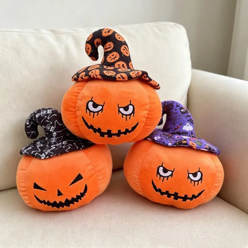 Halloween Pumpkin Plush Doll with Witch Hat, Soft Jack‑O'‑Lantern Stuffed Toy, Cartoon Pumpkin Figurine Home Sofa Table Shelf Decor Ornament, Halloween Party Gift