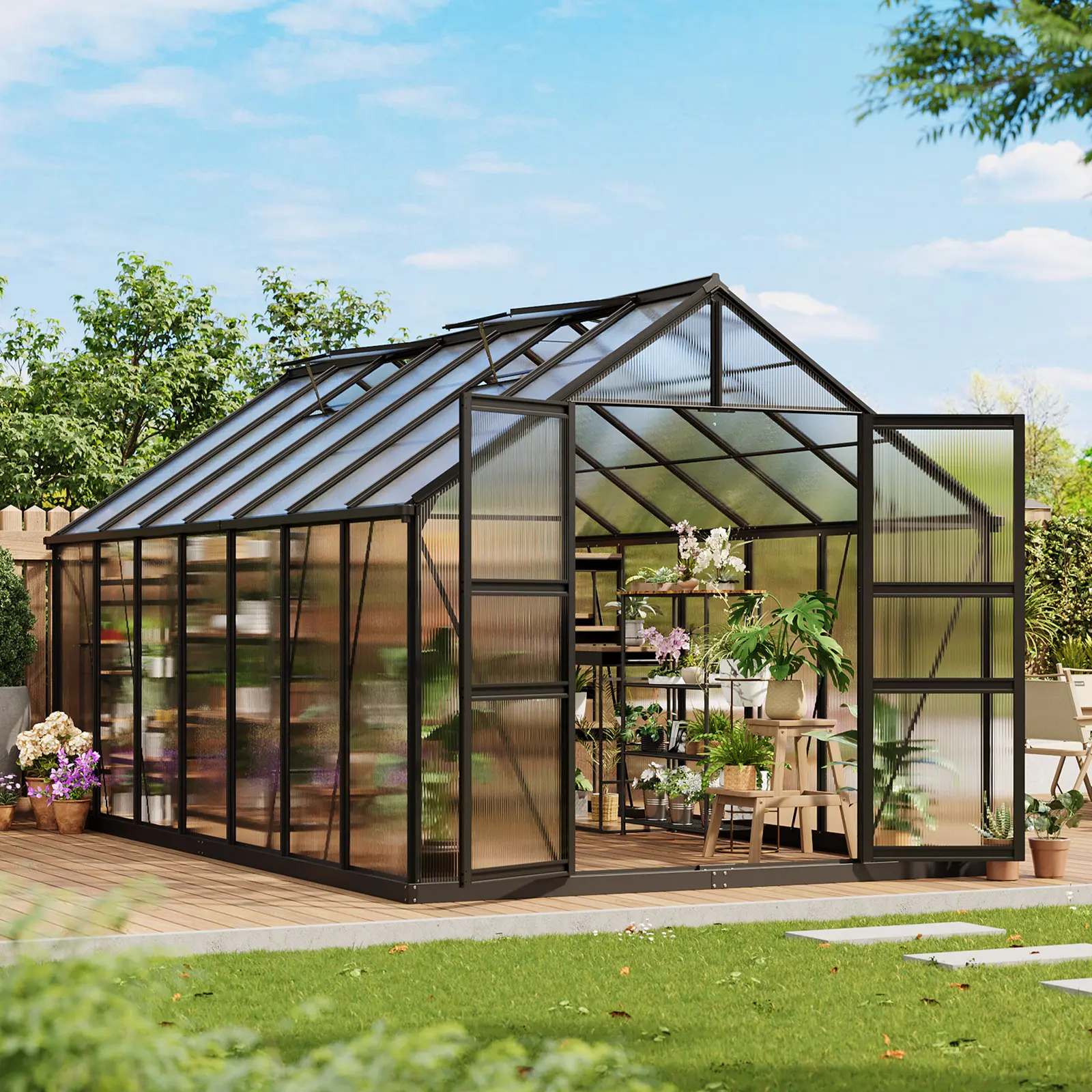Outdoor Aluminum Polycarbonate Greenhouse, Easy Assembly Walk-in Greenhouse with Roof Vent & Lockable Hinged Door,  Large Aluminum Walk-in Greenhouse for Sunroom Patio, Backyard, Garden, Lockable Hinged Door