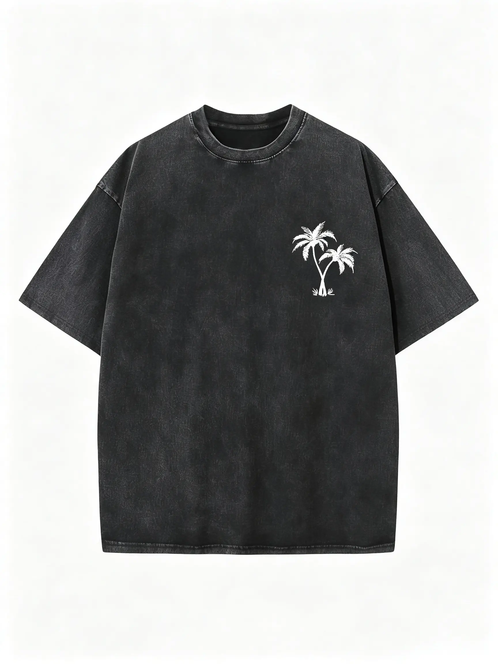 "Coconut Tree LOGO" Creative Pattern Printing Heavy 230g Pure Cotton Oversized Drop Shoulder T-shirt Washed T-shirt Men's Retro Street T-shirt Basic T-shirt Loose Hip-hop Unisex Top Acid Wash T-shirt