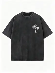 "Coconut Tree LOGO" Creative Pattern Printing Heavy 230g Pure Cotton Oversized Drop Shoulder T-shirt Washed T-shirt Men's Retro Street T-shirt Basic T-shirt Loose Hip-hop Unisex Top Acid Wash T-shirt,summerwins,summeroutfits,vacationoutfits,beachoutfits