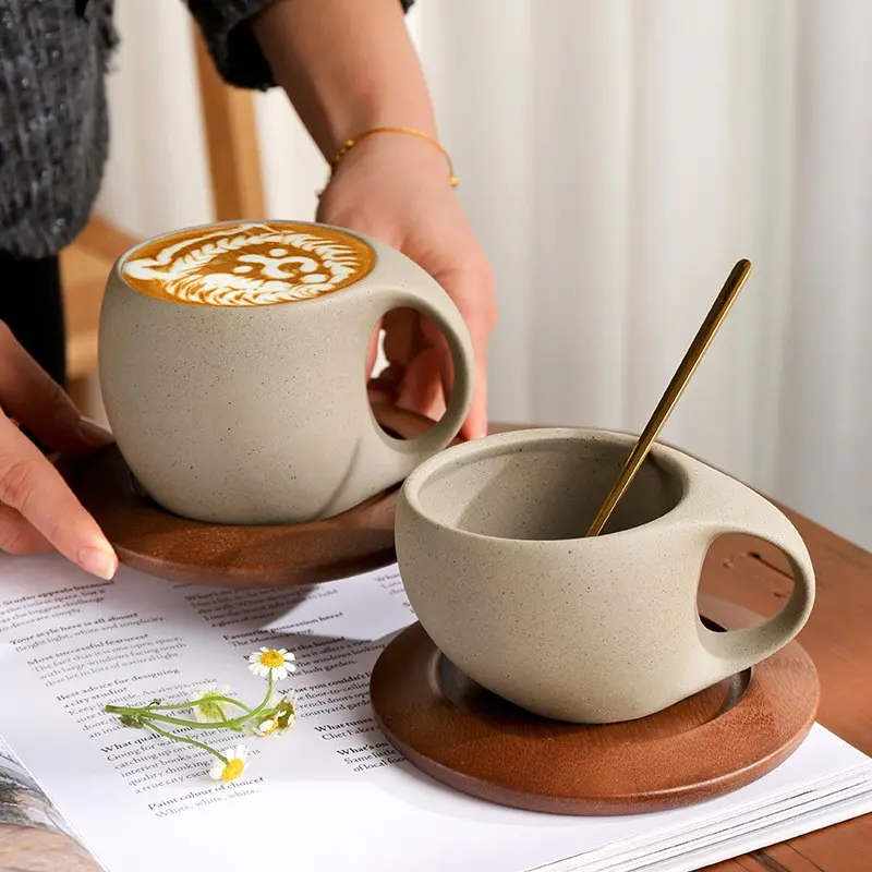 Aesthetic Handcrafted Wide Mouth Vintage Ceramic Coffee Cup and Saucer Set, Stylish Drinkware, Food Grade BPA Free Reusable Heat Resistant, Perfect for Serving Hot Beverages, Ideal Birthday Holiday Gift for Home Kitchen Office Cafe Party Daily Use